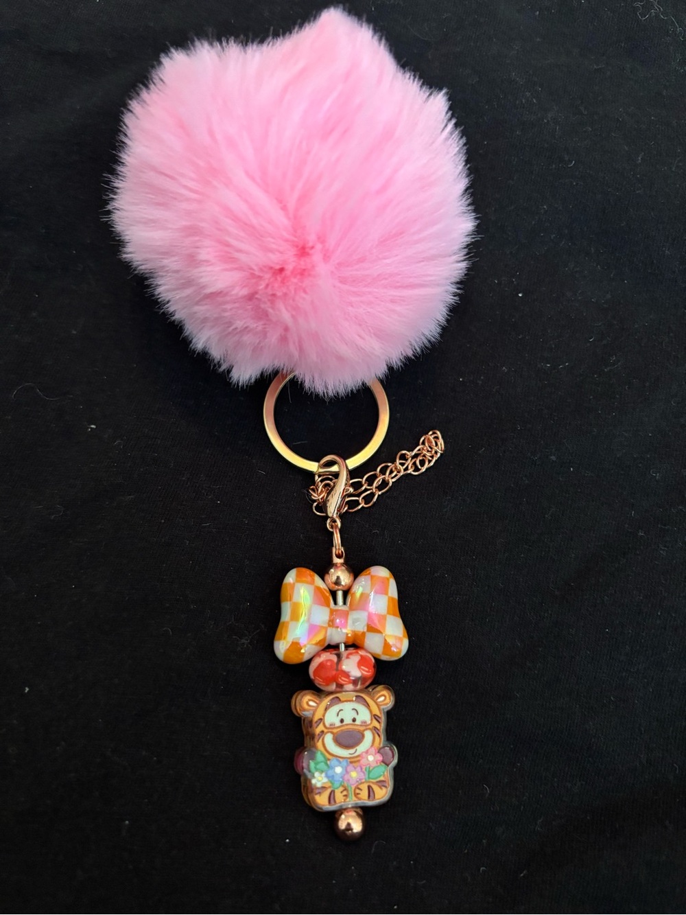 Pink Pom Pom Keychain with Colorful tiger Charm